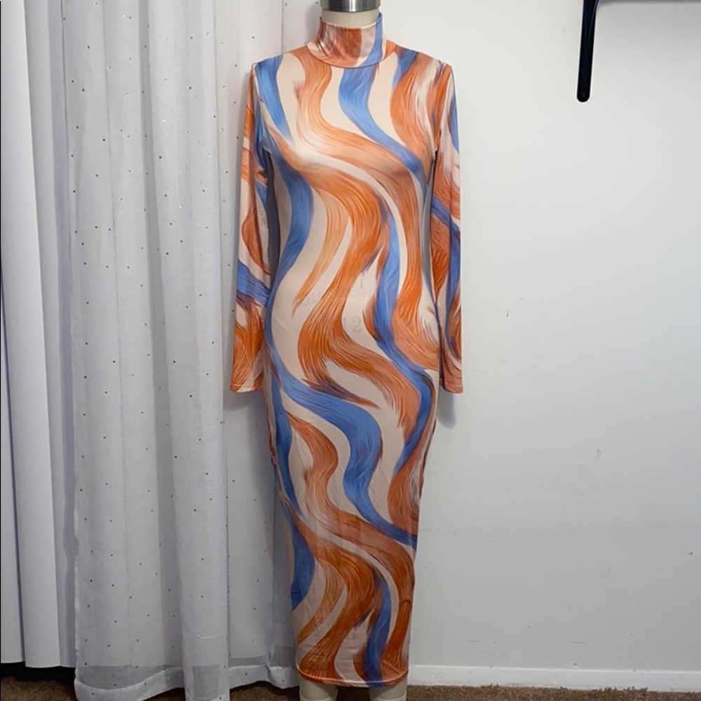 Colorful Long Sleeve Turtle Neck Midi Dress